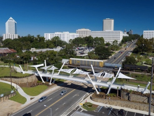 Capital Cascades Connector Bridge canopy, Design/build by Pvilion, with Shelter-Rite fabric. Completed in October, 2016. (Photography credit: Adam Cohen)